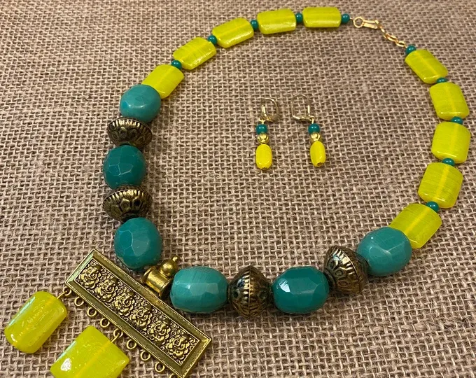 Yellow and Green Beads with Metal Pendant Necklace