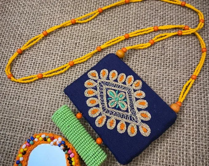 Long Fabric Embroidered Necklace with Mirror Pendant